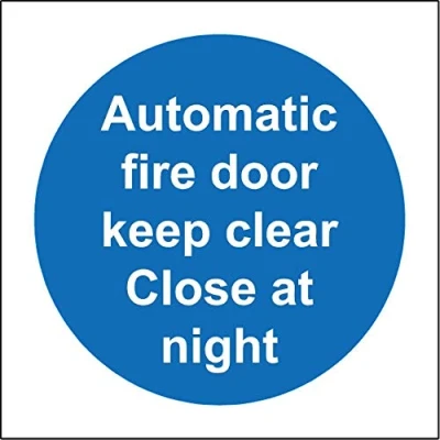 Image of Automatic fire door keep clear Close at night Safety sign Self adhesive sticker 100mm x