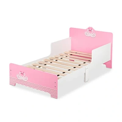 Image of Relaxdays Children&#039;s Bed, Toddler Cot, with fall out protection, HxWxD 60 x 77 143 cm, Slatted Frame, Swan, White/Pink, Wood, Plastic, Fibreboard