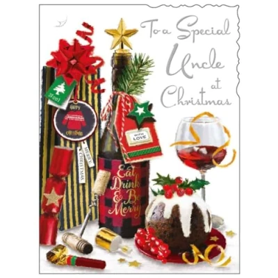 Image of Uncle Christmas Card Special Festive Food and Drinks Artistic Design Finishes Illustrated Insert Leaf Made in the UK