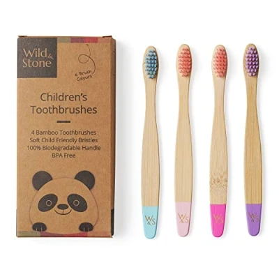 Image of Wild &amp; Stone Organic Children&#039;s Bamboo Toothbrush 4 Pack Soft Fibre Bristles 100% Biodegradable Handle BPA Free Vegan Eco Friendly Kids Toothbrushes (Candy)
