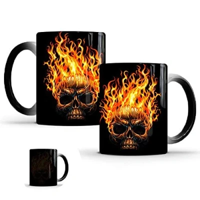 Image of Hosoncovy Ceramic Flame Skull Coffee Mug Color Changing Hot Heat Sensitive Tea Drink Cup Milk