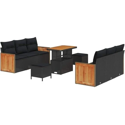 Image of vidaXL 9 Piece Garden Sofa Set with Cushions Black Poly Rattan Acacia