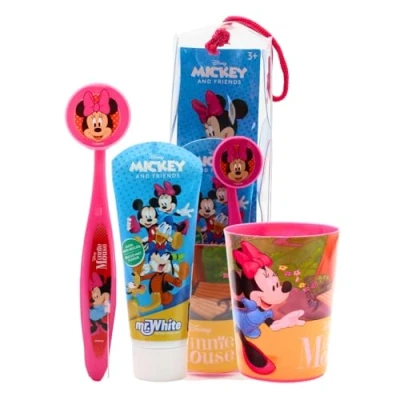 Image of Minnie Mouse Toiletry Bag Contains Toothbrush with Protection Cap, Suction Cup, Comfortable Handle and Soft Bristles, Mint Flavour Toothpaste Multi Purpose Beaker for Kids