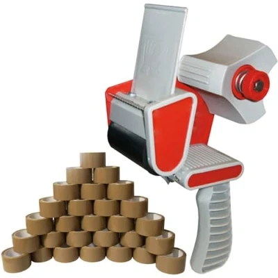Image of Tape Gun Dispenser + 12 Huge Rolls Of Brown Buff 48mm x 66m Parcel Packing Tape.