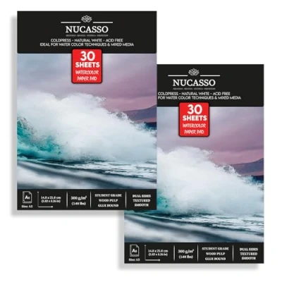 Image of NUCASSO Watercolour Paper Pad Pack of 2 A5 x 30 Sheets Natural White 300 GSM Student Grade, Cold Pressed, Glue Bound Water Colour Sketchbook for Wet, Dry &amp; Mixed Media (30 Packs)