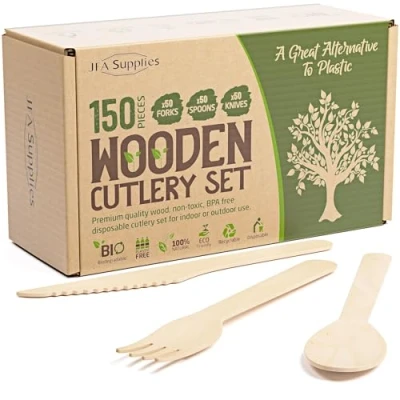 Image of 150PCS Disposable Wooden Cutlery Set, 50x Forks, Knives, Spoons, Biodegradable, Party, Parties, Picnics