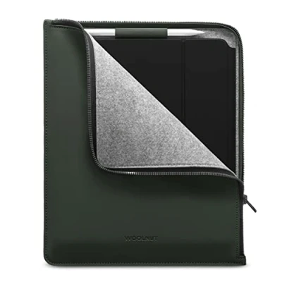 Image of WOOLNUT Matte PU Folio Cover Case for iPad Pro 13 inch &amp; Air Green, with Pencil Holder, Zipper/iPad 12.9 13(M4, 2024) Compatibility