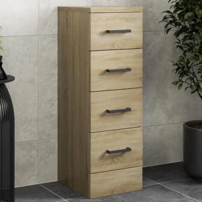 Image of Affine® 250mm Bathroom Drawer Unit Storage Cabinet Cupboard Freestanding, 4 Drawers, Soft Close Oak Effect