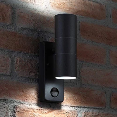 Image of Auraglow PIR Motion Sensor Stainless Steel Up &amp; Down Outdoor Wall Security Light Cool White Matte Black Finish
