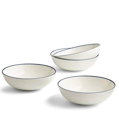 Image of Royal Doulton Cereal Bowls, Stoneware, Designed to Mix &amp; Match, Gordon Ramsay Maze Bowls 18cm/7in, Denim Line, Set of 4, Blue,white