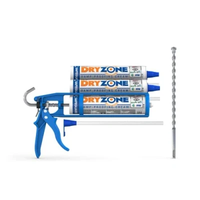 Image of Dryzone Damp Proofing Cream Kit (Pack of 3 DPC + Cox Mastic Gun &amp; Drill Bit) High Strength, BBA WTA Approved Rising Treatment