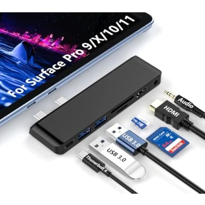 Image of Surface Pro 11 Docking Station: Copilot+PC/Pro 10/Pro 9 USB Hub Adapter with Thunderbolt 4 (Display+Data+100W PD), 4K HDMI, 3.0, SD/TF Reader, 3.5mm Audio Accessories