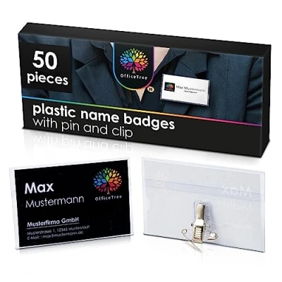 Image of OfficeTree 50 x Name Badges with Clip and Pin Integrated Including 60 Cards to Print On Badge Holders for Business Plastic Clear Holder Conference
