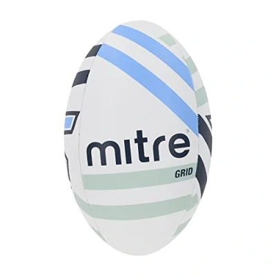 Image of Mitre Grid Rugby Ball Size 4 Extra Strong Lining, Full Weight, White/Navy/Sky
