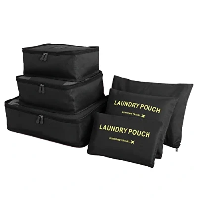 Image of Teynewer 6PCS Travel Organiser Packing Bags Cubes Set Durable Luggage Organisers Suitcase Storage Compression Pouches for Accessories, Black