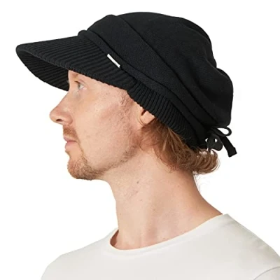Image of CHARM Organic Cotton Slouchy Visor Beanie Women Slouch Hat Mens Baggy Knit Chemo Black