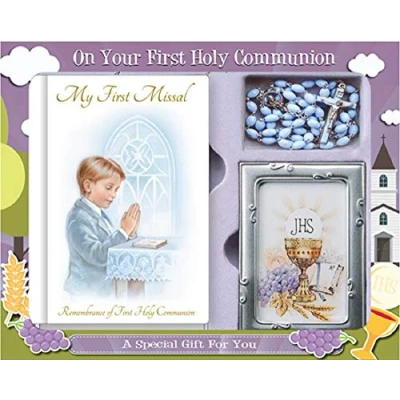 Image of Boy First Holy Communion Gift Set Missal Book, Rosary Beads and Photo Frame C5175