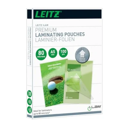 Image of Leitz 749200000 Laminating Pouches Made of 80 Micron Thick Material (Transparent, Glossy, A5 and UDT) Pack 100