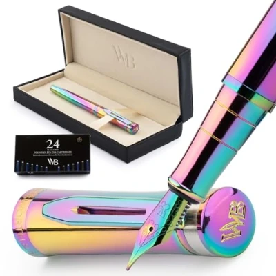 Image of Wordsworth &amp; Black Fountain Pen Set, 18K Gilded Medium Nib, Includes 24 Pack Ink Cartridges, Refill Converter Gift Box, Gold Finish, Calligraphy, [Rainbow], Perfect for Men Women