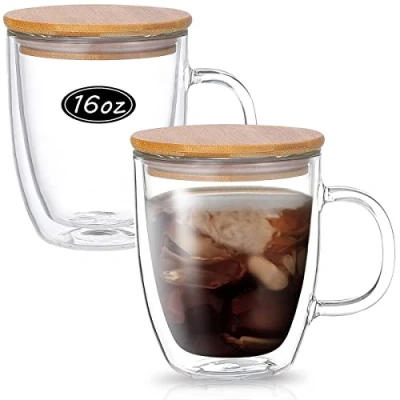 Image of Wwyybfk Double Wall Glass Coffee Mugs, 16oz Insulated Espresso Mugs Cups with Handle Lid (Set of 2) for Cappuccino, Latte,Tea (455ml)