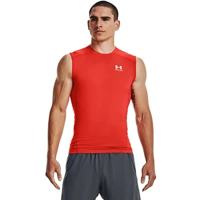 Image of Under Armour Men&#039;s HeatGear Compression Sleeveless T Shirt, (860) Dark Orange/White, S