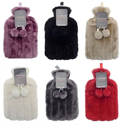 Image of COUNTRY CLUB Luxurious Cosy Soft Faux Fur Cover Hot Water Bottles with Pom Poms (Random Colours)