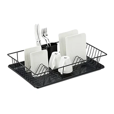 Image of Relaxdays Dish Drainer, Drying Rack with Cutlery Holder &amp; Drip Tray, Metal Plastic, HWD 15.5 x 45 35 cm, Iron 50%, White