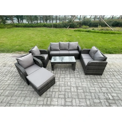 Image of 8 Seater Outdoor Rattan Garden Furniture Set Patio Lounge Sofa with Rectangular Coffee Table Big Footstool Dark Grey Mixed Fimous