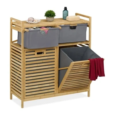 Image of Relaxdays Laundry Basket Rack, 2 Fabric Hampers, 40 L Each, Drawers, Bamboo, Washing Sorter, 95x88x33 cm, Natural/Grey, Polyester