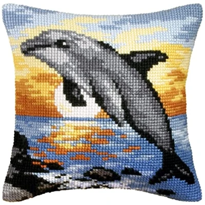Image of Orchidea Cushion Cross Stitch Kit Dolphin Printed Canvas 4.5 Count For Adults 9065