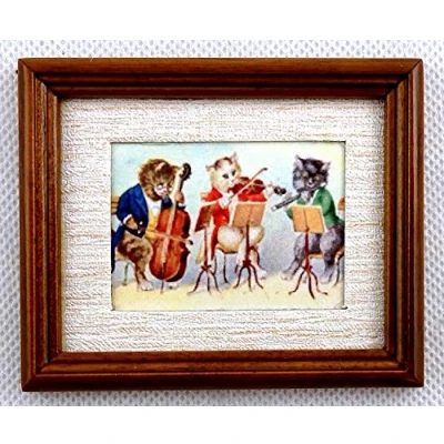 Image of Melody Jane Dolls House Cat Orchestra Picture Painting in Walnut Frame Miniature Accessory
