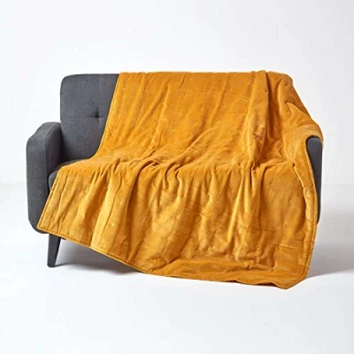 Image of HOMESCAPES Mustard Yellow Velvet Throw Super Soft Thick Cotton Blanket with Handwoven Embroidered Dots and Quilting Reversible Bedspread Cosy Warm Bed or Sofa 125 x 150cm