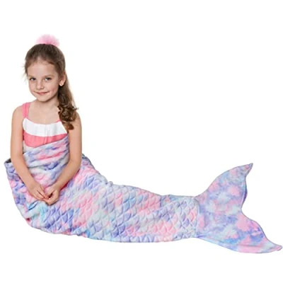 Image of Catalonia Mermaid Tail Wearable Blanket Gift, Soft Flannel Fleece Sleeping Bags for Kids Girls All Seasons, Colorful Scale Snuggle Birthday 155 x 51 cm