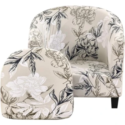 Image of Stretch Tub Chair Cover and Seat Cushion Cover, Printed Club Slipcover, Breathable Bucket Covers Armchair Slipcovers, Removable Protector Machine Washable for Home(Flower )