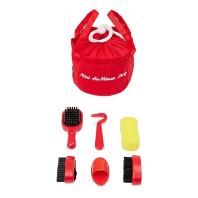Image of LeMieux Toy Pony Grooming Kit Chilli Includes Brushes, Curry Comb, Sponge, Tangle Tidy &amp; Hoof Pick Store in Mini Drawstring Bag Suitable for Ages 3+