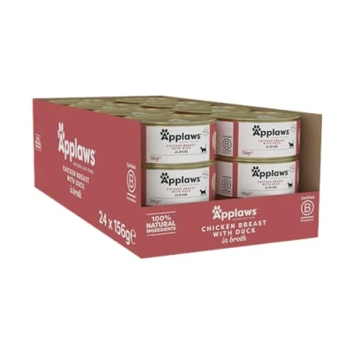 Image of Applaws 100% Natural Wet Cat Food, Chicken with Duck in Broth for Adult Cats Pack of 24 x 156 Tins