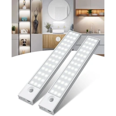 Image of Under Cabinet Kitchen Lights, 2Pack 78LED Cupboard Lights Motion Sensor Indoor with 4 Modes, Rechargeable Counter for Wardrobe, Kitchen, Closet, Stair