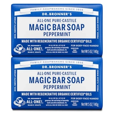 Image of Dr. Bronner&#039;s Organic Peppermint Pure Castile Bar Soap, 2 Pack (2 x 140 g)