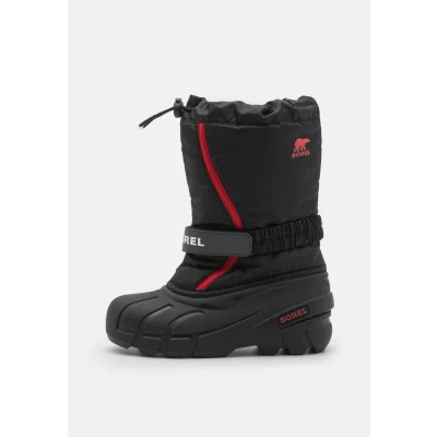 Image of Sorel Youth Flurry Unisex Winter boots for kids, Size: 5, Black/bright red Synthetics/textile