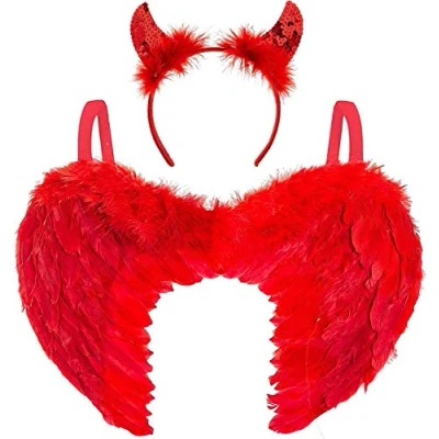 Image of Red Angel Wings and Sequin Devil Horns Feather Headband Halloween or Carnival Party Costume, Children Adults Fancy Dress Outfit