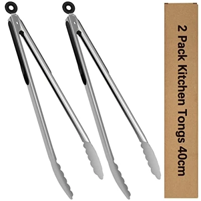 Image of Kitchen Tongs, 40cm Long Stainless Steel Barbecue Grill Tongs for Cooking, Large Metal Food BBQ with Heat Resistant Silicone Grips Serving Frying Salad Pasta, 2 Packs