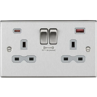 Image of KnightsBridge 13A 2G DP Curved switched socket with dual USB charger A + C (FASTCHARGE) Brushed chrome grey insert