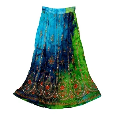 Image of Fashion of India Women&#039;s Long Bohemian Maxi Skirt Gypsy Hippie Boho Chic Style Dress, Mix Blue, Green &amp; Navy, Regular