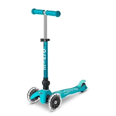 Image of Micro Scooters Mini Deluxe LED Children&#039;s Scooter Handlebar Adjustable Light Up Wheels Foldable 2 5yrs Boys &amp; Girls Aqua