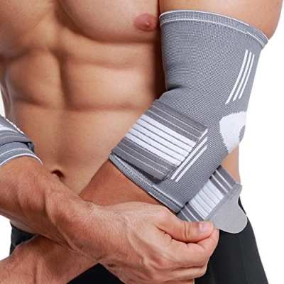 Image of Neotech Care Elbow Brace Support Sleeve Elastic &amp; Breathable Fabric Adjustable Compression Strap/Band For Men, Women, Right or Left Arm Gray Colour (Size L, 1 Pair)