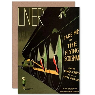 Image of Wee Blue Coo TRAVEL LNER RAILWAY FLYING SCOTSMAN UK LOCOMOTIVE GREETINGS CARD