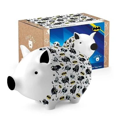 Image of Tilly Pig Ceramic Kids Piggy Bank Boys Girls Superhero Batman Design Money Box