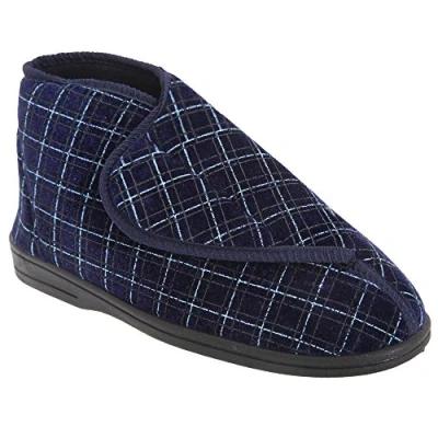 Image of Zedzzz Mens Bertie Check Velour Touch Fastening Bootee Slippers (8 UK) (Navy Blue)