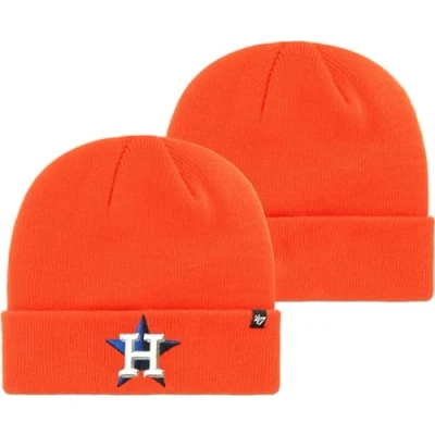 Image of 47 MLB Unisex Adult Primary Logo Cuffed Knit Alternate Beanie Hat Cold Weather Hat, One Size, Houston Astros Orange, size