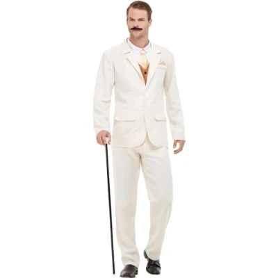 Image of Smiffys Roaring 20s Gent Costume, White with Tuxedo Jacket, Trousers &amp; Mock Top, 1920&#039;s Razzle Fancy Dress, 1920s Dress Up Costumes